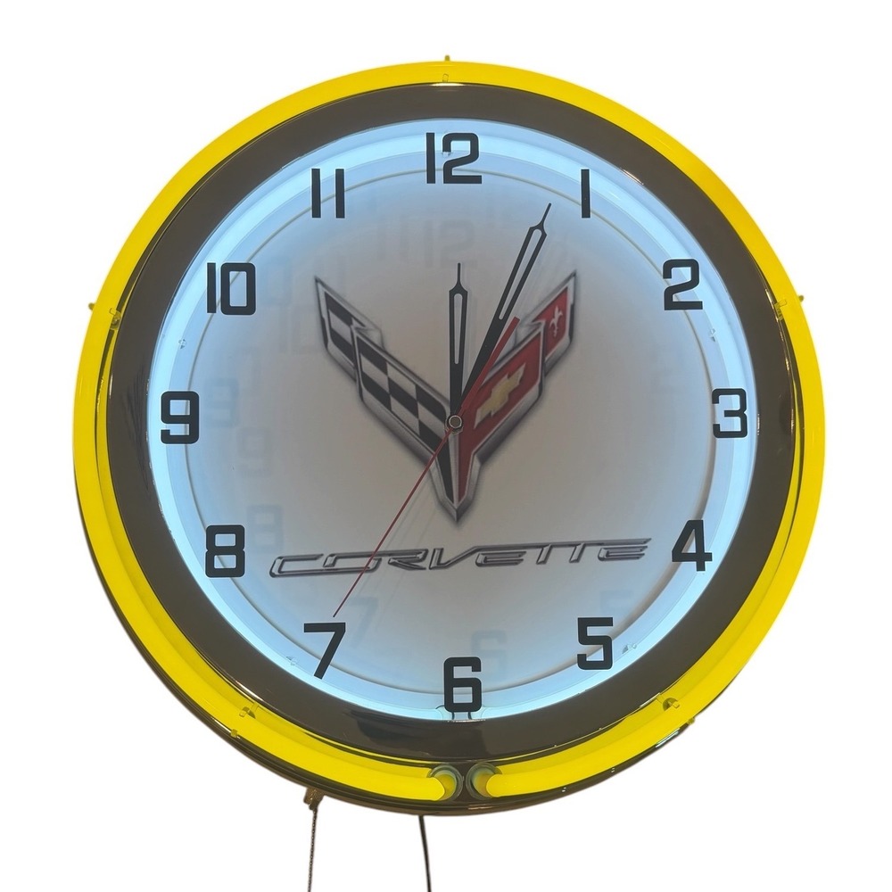 Corvette C8 Crossed Flags Neon LED Wall Clock 18.5 Inch Chrome Art Deco Yellow